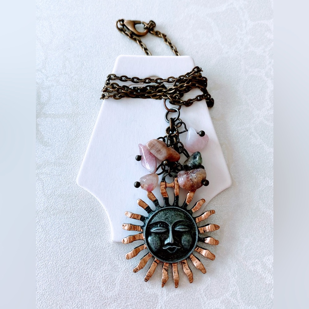 Sun Pendant Necklace with stone chips and Bronze Accents